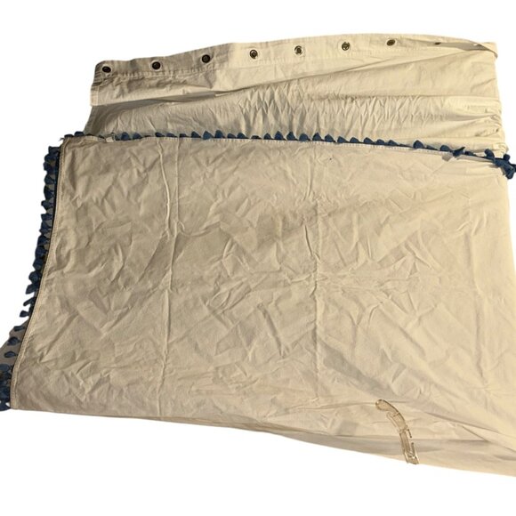 Serena & Lily white cornflower blue tassel trim cotton shower curtain NEW damage - Picture 1 of 4